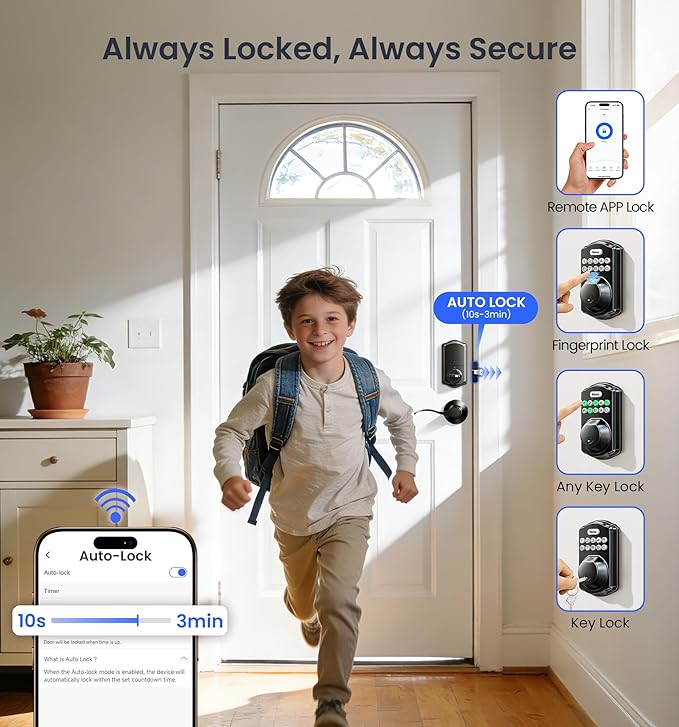 Veise VE012W-B Wi-Fi Fingerprint Smart Lock with Handle Set, Remote App Control, Keyless Entry Front Door Lever, Built-in WiFi No Hub Needed, Backlit Keypad Deadbolt, Auto-Locking, Matte Black