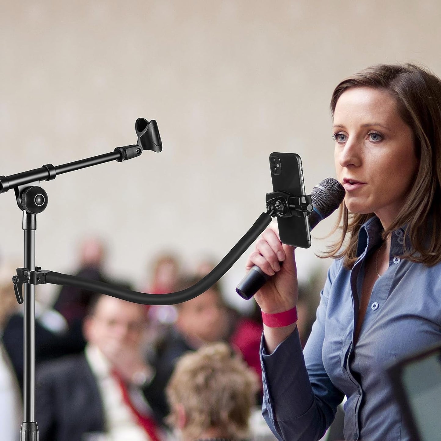 Gooseneck Phone Holder for Mic Stand/Music Stand/Stroller/Treadmill/Spin Bike/Exercise Bicycle,50 cm Long Flexible Gooseneck Arm Super Crab Clamp Mount,Compatible with 3.5~7.5" iPhone Devices