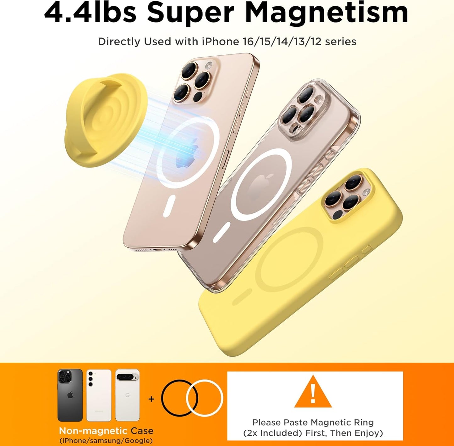 Magnetic Phone Ring Grip Holder, Silicone Finger Loop Grip, Compatible with MasSafe, Back of Phone for iPhone Pro Max/Plus/16/15/15/14/13/12 Series, Yellow