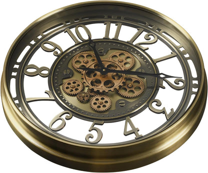 CLXEAST 21 Inch Industrial Moving Gears Wall Clock,Modern Farmhouse Arabic Numeral Battery Operated Silent Wall Clock for Living Room Decor,Brushed Gold,House Warming Gifts New Home