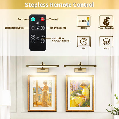 Battery Operated Picture Light with Remote and Timer, Wireless Art Lights for Paintings Brass Rechargeable Gallery Light Dimmable Artwork Lighting for Canvas, Portrait 16'' Inch Warm White