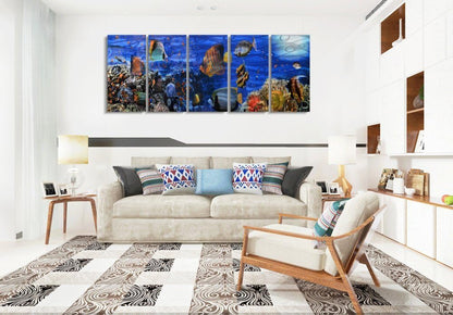 Yihui Arts Handcrafted Colorful Fish Metal Wall Art, Large Metal Wall Art in Modern Ocean Design, 3D Wall Art for Modern and Contemporary Decor, 5-Panels, Metal Wall Decor Works