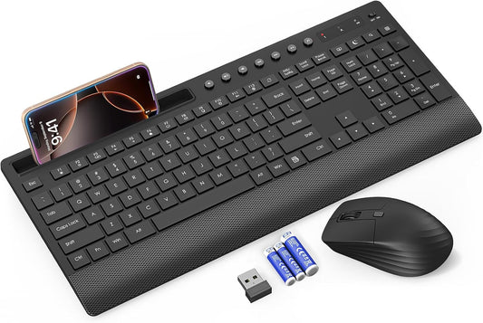 Trueque Wireless Keyboard and Mouse Combo - Full-Size Quiet Keyboard with Palm Rest, Phone Holder, Multimedia Keys, Power Switch, Compatible with Windows, Chrome OS, PC, Laptop (Batteries Included)