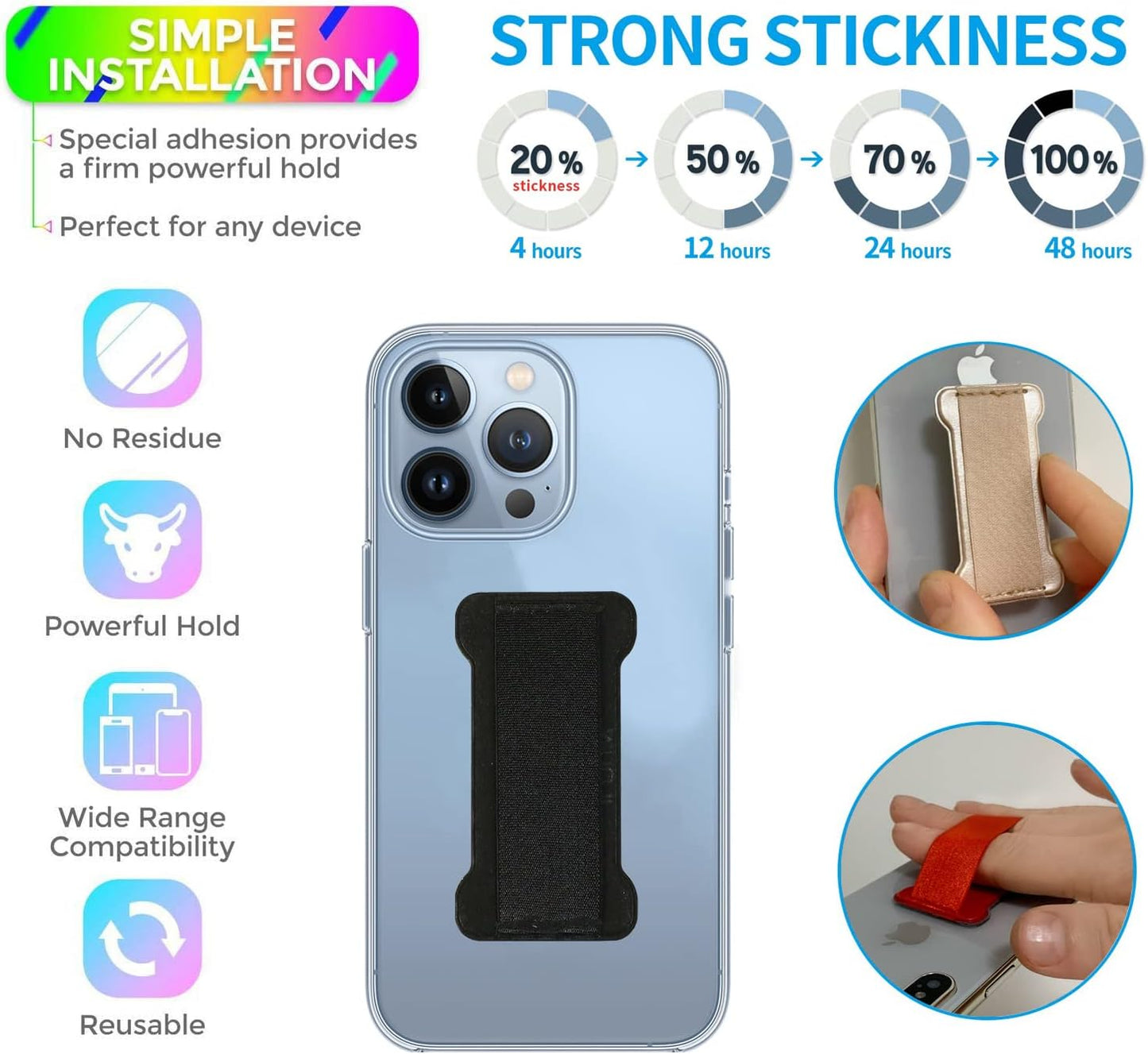 Phone Grip Holder for Hand, Universal Finger Strap Phone Holder, Finger Selfie Grip Compatible with Most Smartphones (Black Blue) -2Pack