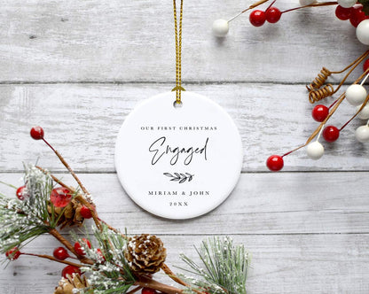 Andaz Press Personalized Wedding Engagement Round Ceramic Porcelain Christmas Ornament Engagement Keepsake Collectible Gift, Our First Christmas Engaged, Miriam & John 2024, Antique Handdrawn, 1-Pack