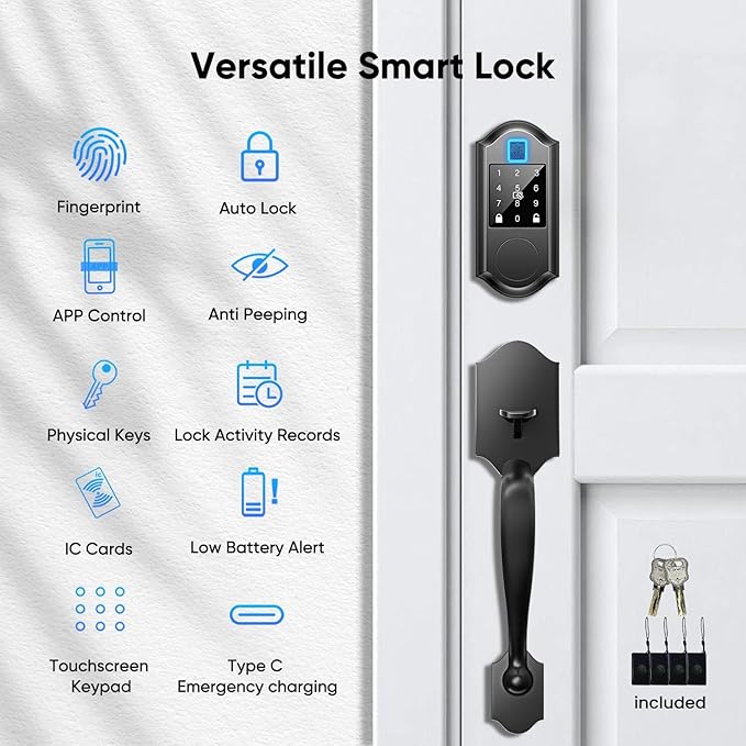 Smart Front Door Lock with Fingerprints, 2 Keys & 4 Cards, Front Door Lock Set Keyless Entry, Smart Locks for Front Door, Keypad Deadbolt with Handle, APP Control, Auto Lock, Matte Black