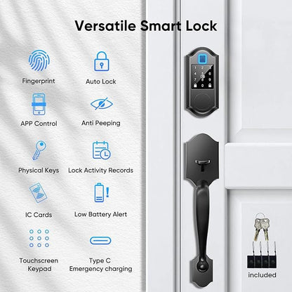 Smart Front Door Lock with Fingerprints, 2 Keys & 4 Cards, Front Door Lock Set Keyless Entry, Smart Locks for Front Door, Keypad Deadbolt with Handle, APP Control, Auto Lock, Matte Black