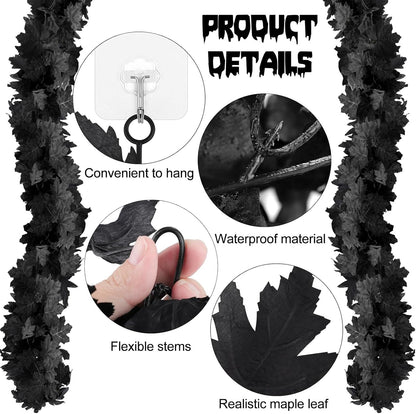 Joyhalo 8 Pack 5.7FT Black Maple Leaf Garland,Halloween Artificial Hanging Black Vines,Halloween Outdoor Garland for Mantle,Door Frame,Fireplace and Thanksgiving Decor