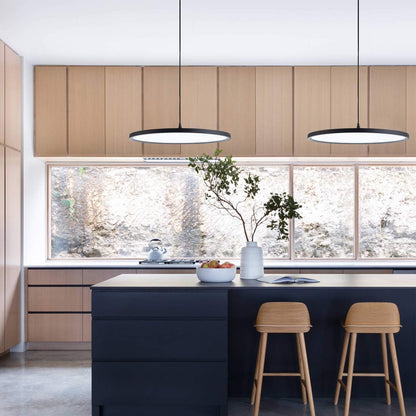 MADEM Modern LED Pendant Light 23.6'' Disc Chandelier Hanging Lighting Fixture with Acrylic Shape Dimmable Office Chandelier 6000K for Office Room Football Bedroom Decor Kitchen Island, Black