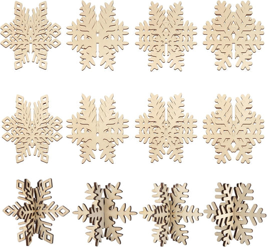 COCHIE DIY 3D Snowflake Wood Crafts to Paint for Kids Adults, Paintable Unfinished Wooden Slices for Craft, Winter Snowflakes Cutouts Ornaments for Painting Decorations (24 PCS)