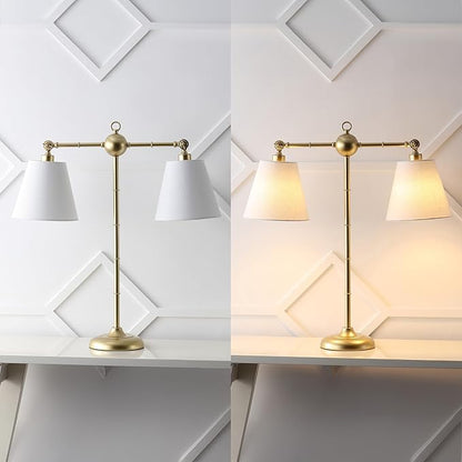 JONATHAN Y 31" Gold 2-Light Contemporary Farmhouse Adjustable Iron Library LED Table Lamp, White Linen Shades for Living Room Office Sideboard, LED Bulbs Included JYL3074A