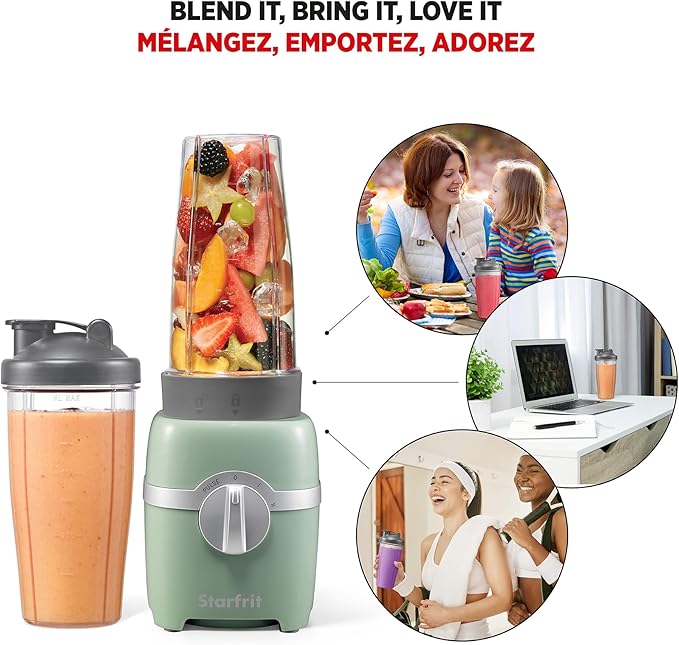 Starfrit Personal Blender - Two 828ml Cups - High, Low & Pulse Modes - 300W - Sage