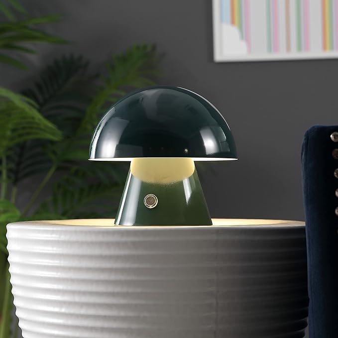 JONATHAN Y 7" Forest Green Rechargeable Cordless Mushroom Table Lamp, Portable LED Nightstand Lamp for Bedroom Living Room, Metal Shade, 3-Way Dimmable Touch Sensor Modern Accent (JYL7116C)
