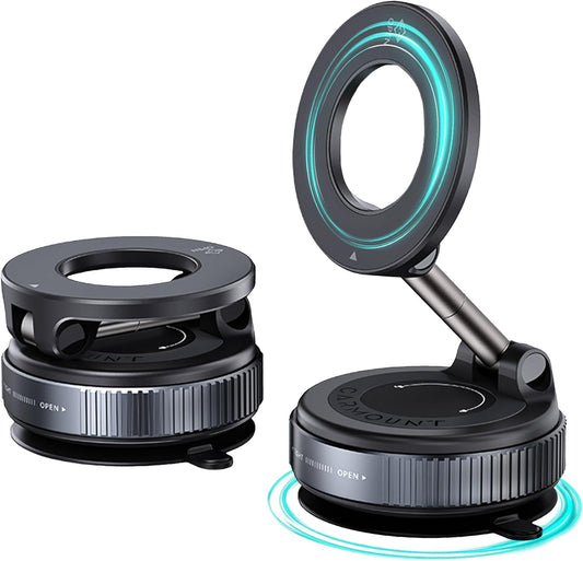 CARMOUNT Clutch–X One – Cell Phone Car Mount for iPhone – 360° Magnetic Phone Holder for Car, 96LBS Suction Cup Phone Mount for Car & Phone Holder for Desk, Metal Strut (Black)