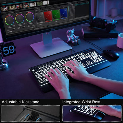 Large Print Backlit Computer Keyboard, USB Full Size Wired Keyboards with 7-Colors Backlight, Wrist Rest, Light Up Keyboard for Windows, PC, Laptop - Easy to See, Easy to Setup