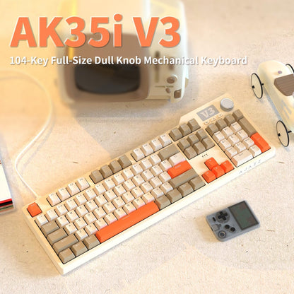 AJAZZ AK35I V3 104-Key Full Size Wired Gasket Mount Gaming Keyboard with Multimedia Buttons & Knob Control | Five Layer Pad | OEM Profile PBT Keycaps | White Backlit Custom Keyboard