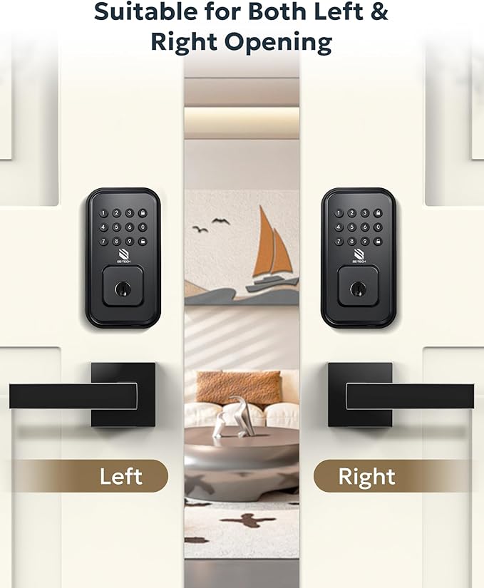 BE-TECH Keyless Entry Smart Door Lock with 2 Lever Handles, Electronic Front Door Locks Set, Digital Keypad Deadbolt, Auto Lock, One Time Codes, Anti Peeping Code, Easy Installation, Black
