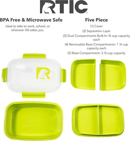 RTIC 5 Compartment Lunch Containers, Hot Food Container with Lid for Adults, Microwave Safe Divided Snack Lunch Box for Work or Travel, Reusable, BPA Free with Vent Space
