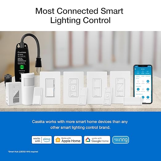 Lutron Claro Smart Switch 3-Way Kit for Caseta Smart Lighting, Includes Wall Plate, Pico Paddle Remote, and Bracket, Neutral Required, DVRF-PKG1S-WH