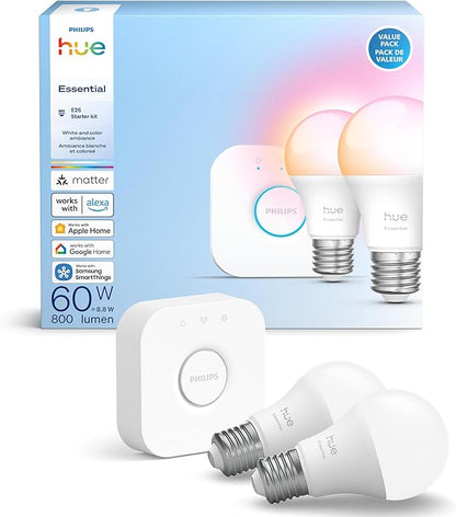 PHILIPS Hue Essential Starter Kit: Hue Bridge, 2 Essential E26 Smart Bulbs, White & Color Ambiance, 2200K-6500K, Dimmable LED Bulbs, Works with Alexa, Google Assistant, Samsung SmartThings, Apple Home