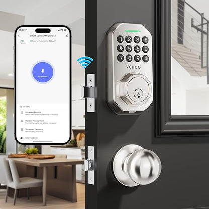 Keyless Entry Door Lock Set WiFi Smart App Control Door Lock for Front Door Keypad Deadbolt with 2 Knobs Auto Lock One Time Codes Easy Install, Satin Nickel