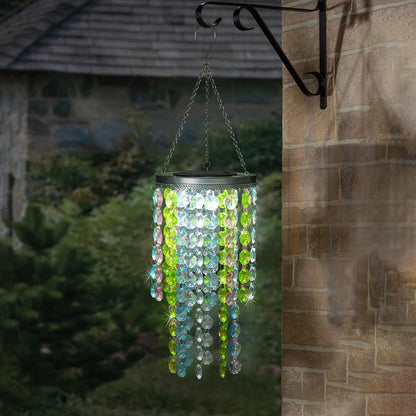 Hanging Solar Lantern Outdoor, 2 Tiers 21” Solar Multicolor Acrylic Beaded Chandelier with Cool White LED S Hooks for Garden Yard Patio Gazebo Outside Decor