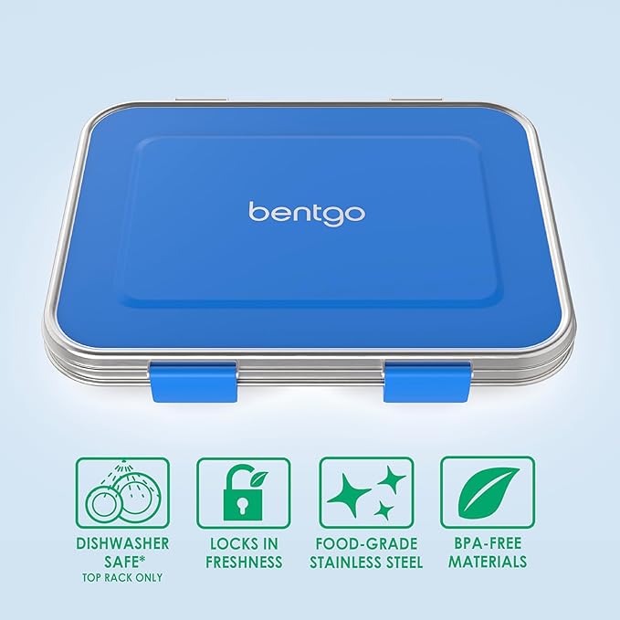 Bentgo Kids Stainless Steel Leak-Resistant Lunch Box - 3-Compartments with Bonus Silicone Container, Durable, Eco-Friendly, Dishwasher Safe, BPA-Free, Ideal for School, Ages 3+ (Blue)