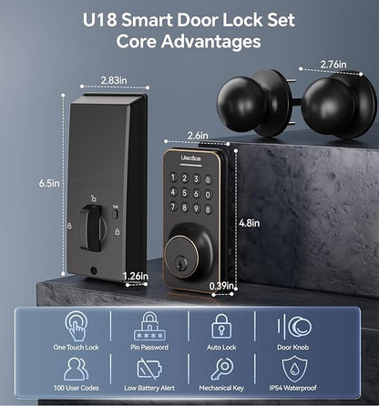 Keyless Entry Keypad Deadbolt with Handle Set, Auto-Lock + One-Touch Lock, 100 Codes + Easy Install, Ideal for Airbnb/Homes/Offices, Fits U.S. Standard Front Doors, Oil Rubbed Bronze