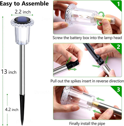 DenicMic Solar Lights Outdoor 10 Pack Waterproof 3000K Warm White LED Acrylic lamp Head Stainless Steel Stake for Landscape Lighting Path Walkway Sidewalk Backyard Patio Decor