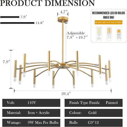 Gold Modern Chandelier 39.4" Large Chandelier Lighting Adjustable Ceiling Pendant Light 12 Light Pendant Light Fixtures for Living Room Dining Room Foyer