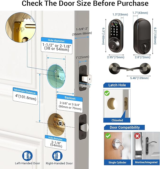 Veise RZ06B Smart Locks for Front Door, 2 Lever Handle Set, Keyless Entry Deadbolt, App Control, Electronic Digital Touchscreen Keypad, Auto Lock, IP54 Waterproof, Easy Installation, Matte Black