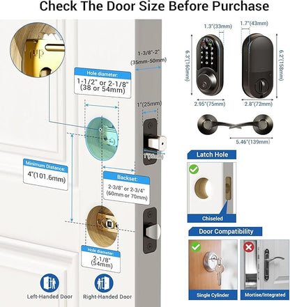Veise RZ06B Smart Locks for Front Door, 2 Lever Handle Set, Keyless Entry Deadbolt, App Control, Electronic Digital Touchscreen Keypad, Auto Lock, IP54 Waterproof, Easy Installation, Matte Black
