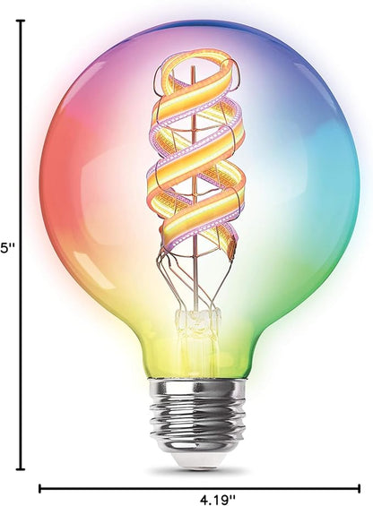 Feit Electric 60 Watt Equivalent Smart Filament Globe Bulb, Spiral Filament WiFi Dimmable, Works with Alexa and Google Assistant No Hub Required, G30 Vanity LED Smart Light Bulb G3060/RGBW/FIL/AG