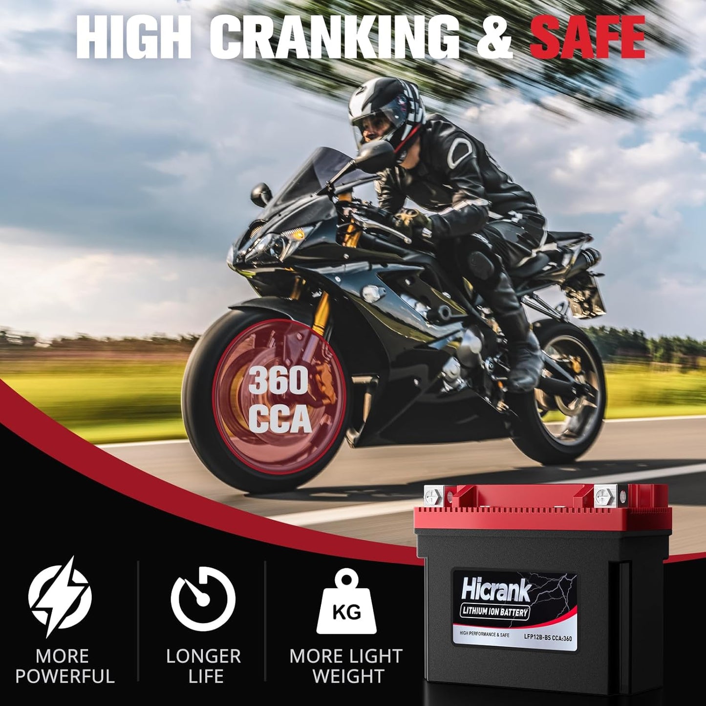 YT12B-BS Lithium 12V 6Ah 360CCA LiFePO4 Motorcycle Battery, Powersports Battery for Scooter, ATV, UTV, Jet Ski, Personal Watercraft, Snowmobile, Quad, Riding Lawn Mower, Tractor