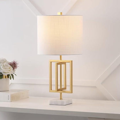 JONATHAN Y 20.25" Gold Contemporary Glam Metal and Marble Table Lamp, Modern Geometric Iron Desk Lamp for Bedroom Living Room, White Linen Shade, LED Bulb Included JYL1039A