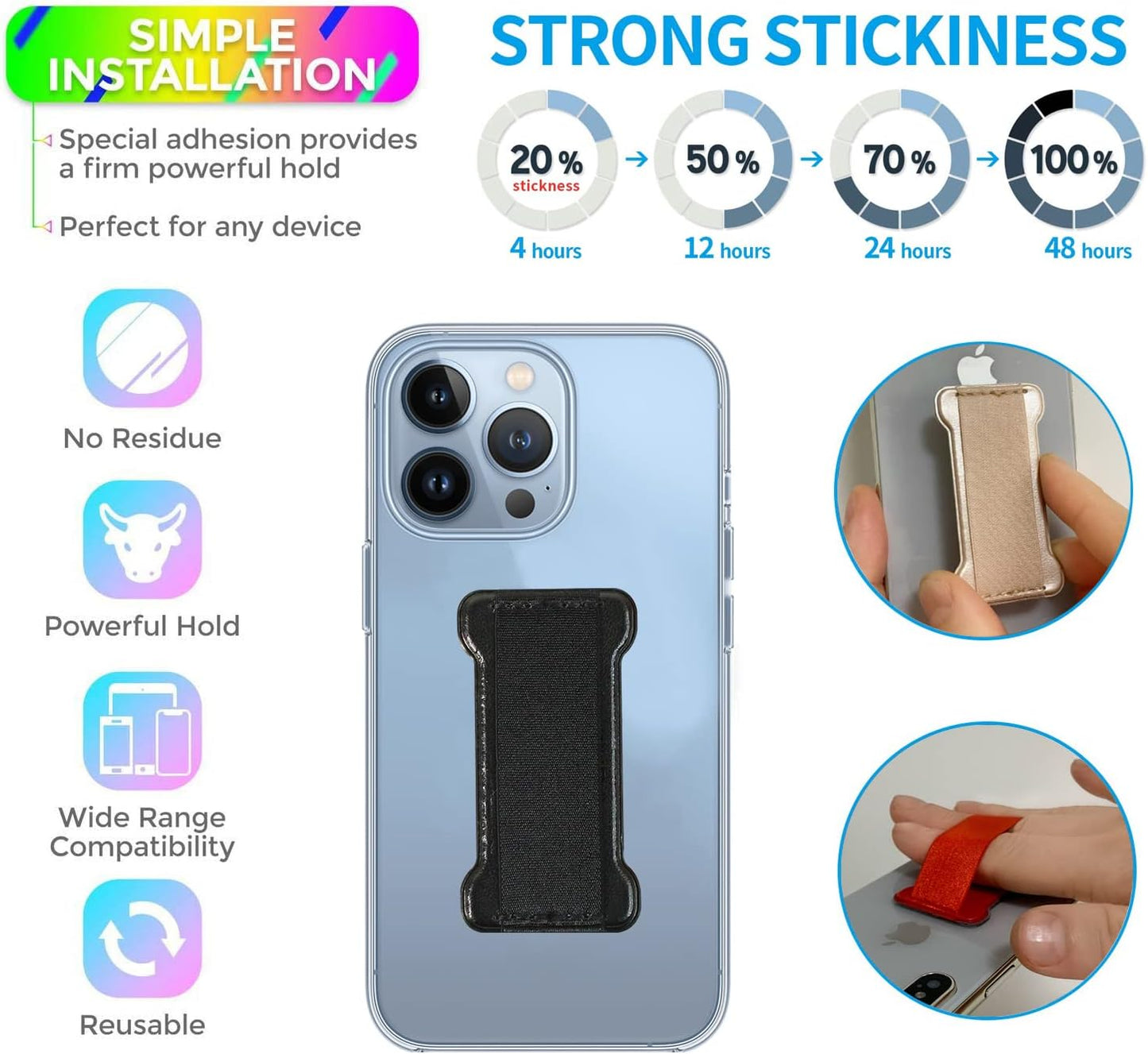 Phone Grip Holder for Hand, Universal Finger Strap Phone Holder, Finger Selfie Grip Compatible with Most Smartphones (PU Black) - 2Pack
