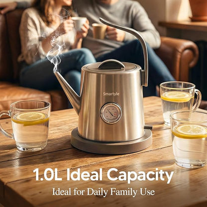 Smartyle® Electric Tea Kettle with Thermometer,1.0L Gooseneck Electric Kettle,304 Stainless Steel,Auto Shut-Off,1200W Pour Over Coffee Pot for Brewing Coffee & Tea at Home,Office,or Café (Chrome)