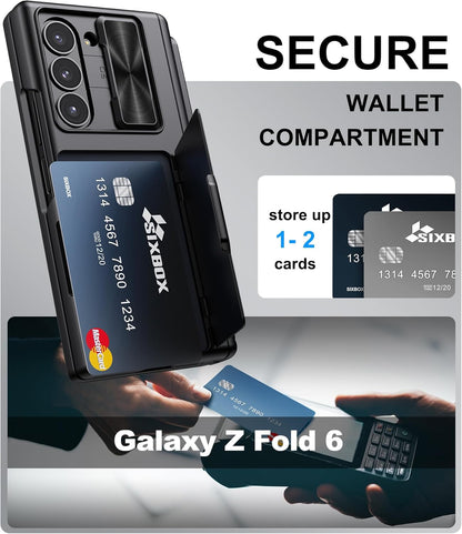 for Samsung Galaxy Z Fold 6 Case with Card Holder & S Pen Holder & Slide Camera Cover, Built-in Hinge Protection & Screen Protector, Durable Wallet Phone Cover Case for Z Fold 6 5G 2024, Black