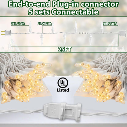 Clear Christmas Lights 25FT 100 Incandescent Bulbs Warm White Mini Lights with White Wire for Christmas Tree, Garland, Thanksgiving, Wedding, Party, Home, Indoor & Outdoor Festival Decoration
