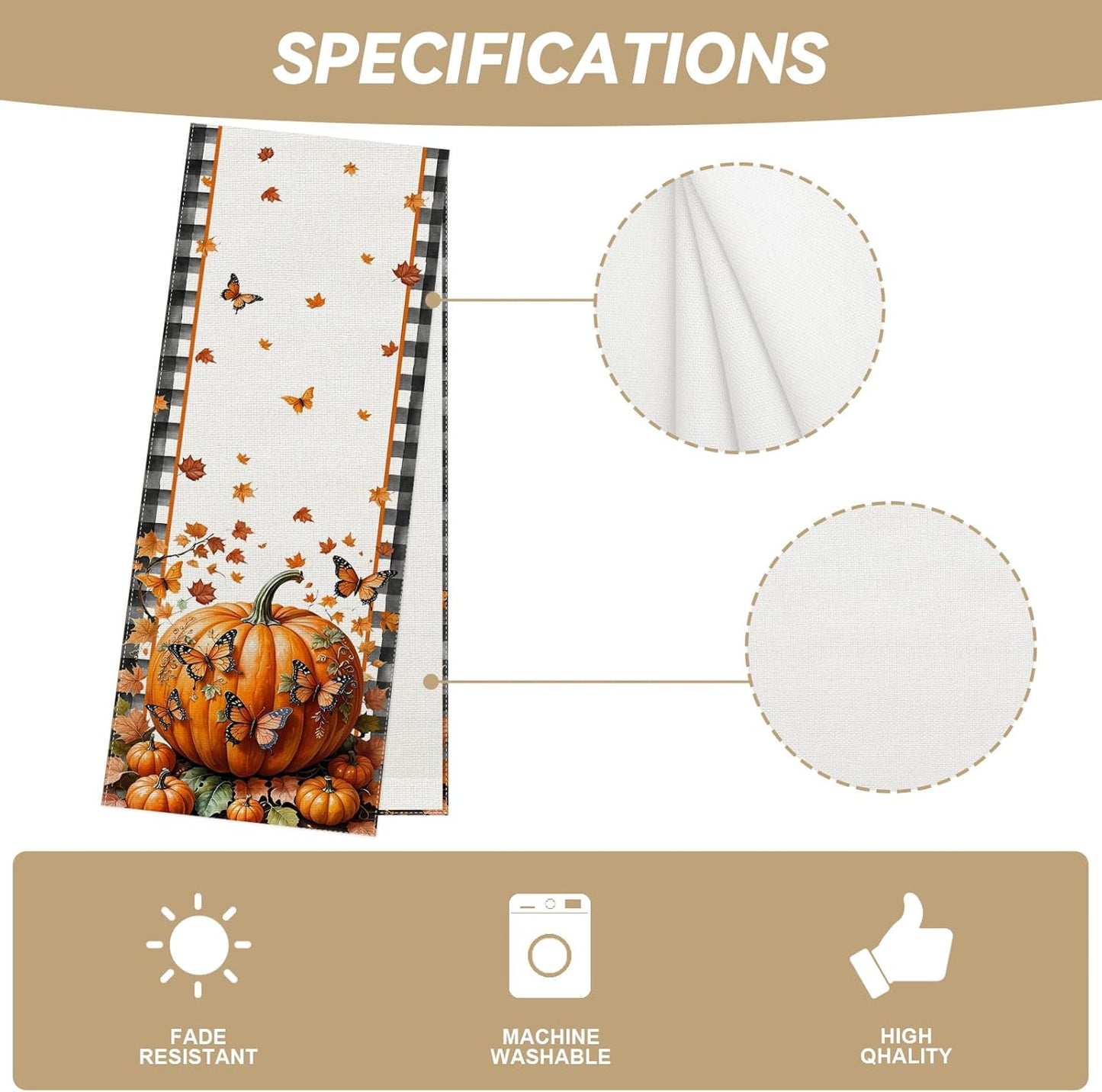 Linen Black and White Buffalo Check Plaid Fall Table Runner 108 Inches Long, Fall Leaves Pumpkin Butterfly Home Kitchen Table Decor, Farmhouse Autumn Thanksgiving Harvest Festival Decorations for Home