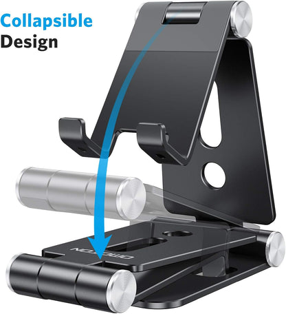 OMOTON Foldable Cell Phone Stand, C4 Portable Aluminum Phone Holder, Adjustable Phone Dock Cradle Compatible with iPhone 13/12/11 Pro Max, Samsung Galaxy, Small Tablets and Other Phones, Black