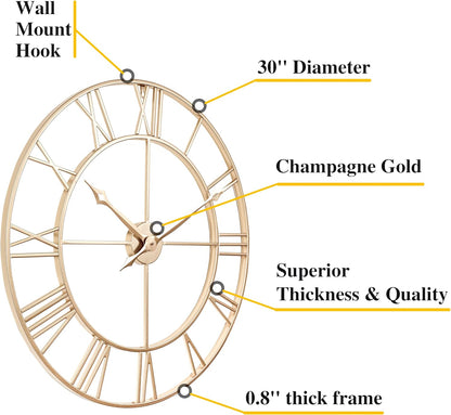 CLXEAST 30 Inch Wall Clock,Large Champagne Gold Metal Roman Numeral Wall Clock, Modern Wall Clocks for Living Room Decor,House Warming Gifts New Home