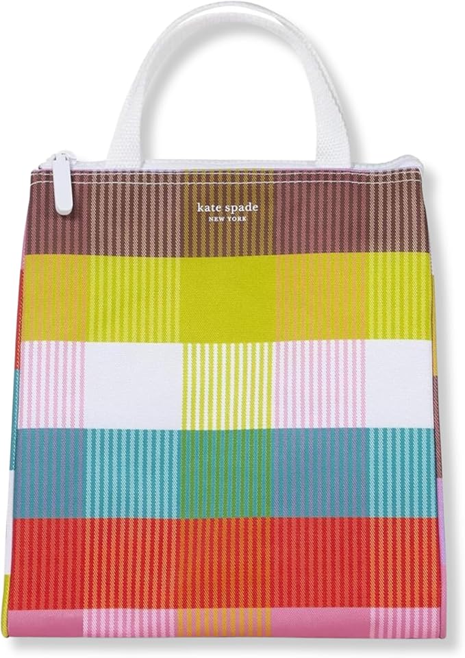 kate spade new york Portable Soft Cooler Lunch Bag, Thermal Tote with Insulated Interior Lining and Storage Pocket, Lunch Tote for Women, Rainbow Plaid
