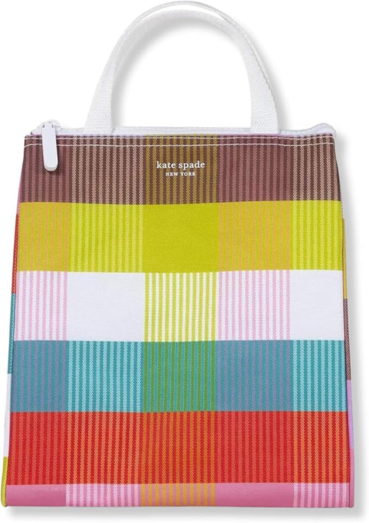 kate spade new york Portable Soft Cooler Lunch Bag, Thermal Tote with Insulated Interior Lining and Storage Pocket, Lunch Tote for Women, Rainbow Plaid