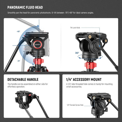 NEEWER 72" Fluid Head Video Tripod Monopod, Aluminum Alloy QR Plate Compatible with DJI RS Gimbal, 360° Pan & +90°/-70° Tilt for DSLR Camera Camcorder, Max Load 13.2lb/6kg, TP72A