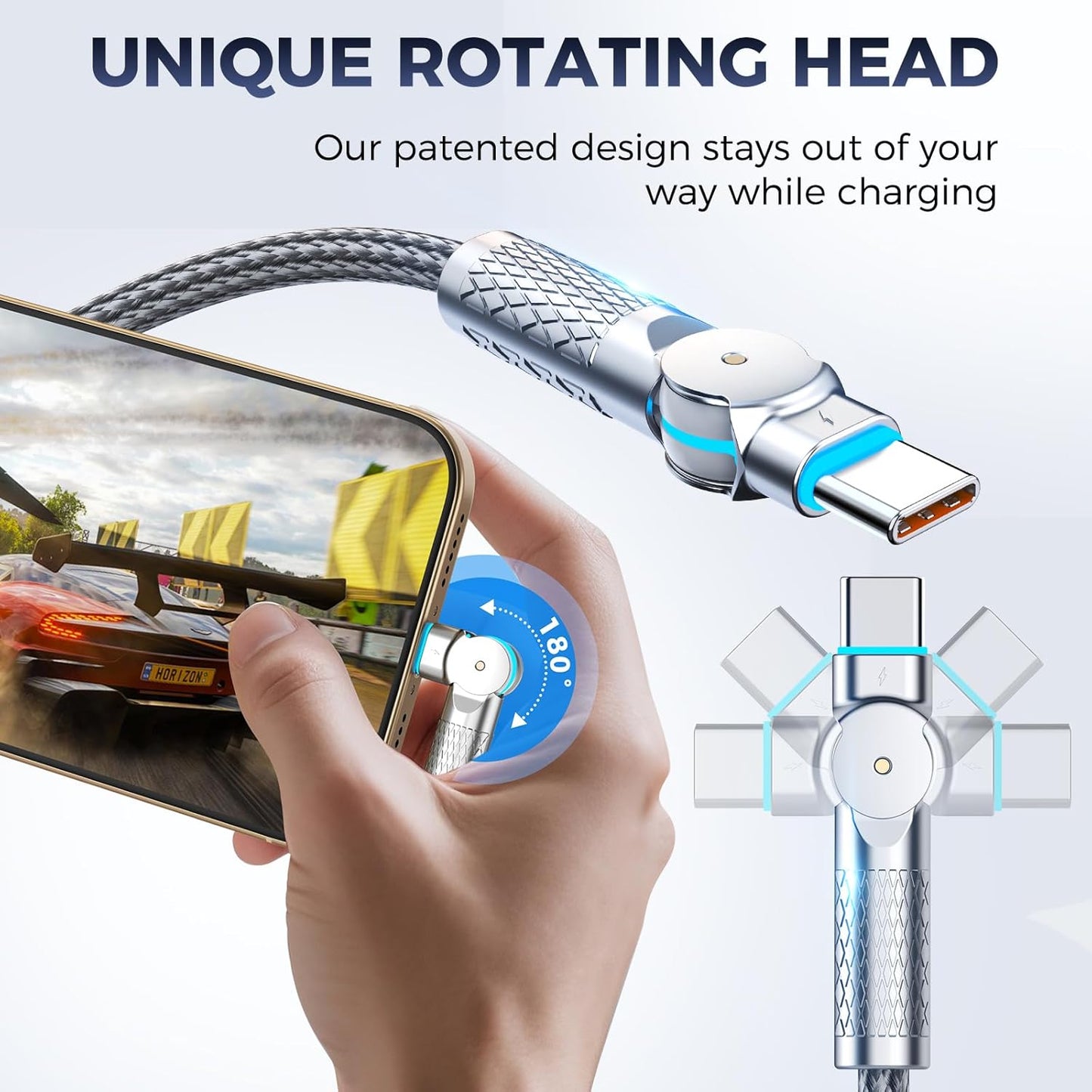 USB C to USB C Cable 6.6ft,240W 2-Pack Braided 180°Rotating Type C Charging CableFast Charge for iPhone 16/16Pro/16Plus/16ProMax,MacBook Air,iPad Pro,Pixel,Samsung Galaxy S23/S24 Ultra-Light Grey