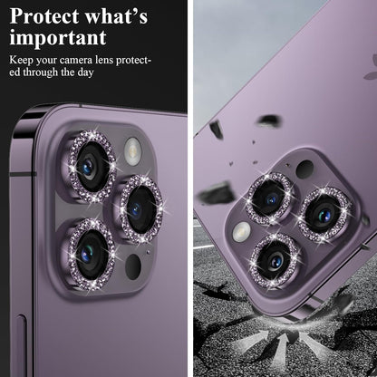 YWXTW Designed for iPhone 14 Pro/iPhone 14 Pro Max Camera Lens Protector Bling, [New Glitter Design] Individual Metal Tempered Glass Camera Cover Accessories Case Friendly, 1 Set (Purple Glitter)
