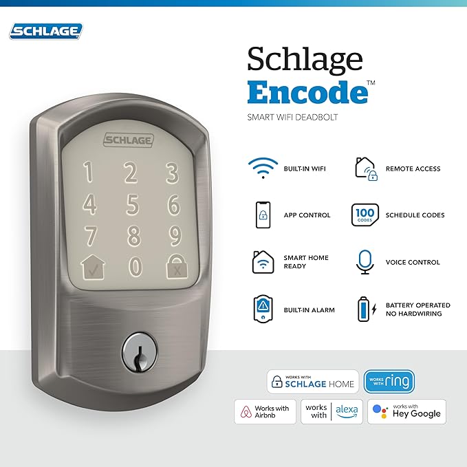 Schlage Encode Smart WiFi Deadbolt Lock for Front Door - Keyless Entry with App or Touchscreen - Works with Alexa, Hey Google, & Airbnb - Create Codes for Guests - Satin Nickel