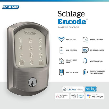 Schlage Encode Smart WiFi Deadbolt Lock for Front Door - Keyless Entry with App or Touchscreen - Works with Alexa, Hey Google, & Airbnb - Create Codes for Guests - Satin Nickel