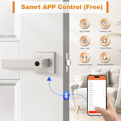 Probrico Smart Lock Keyless Entry Door Lock with Handle, Satin Nickel Smart Locks for Front Door Fingerprint Door Handle for Bedroom Bathroom, Electronic Biometric Digital WiFi APP Control